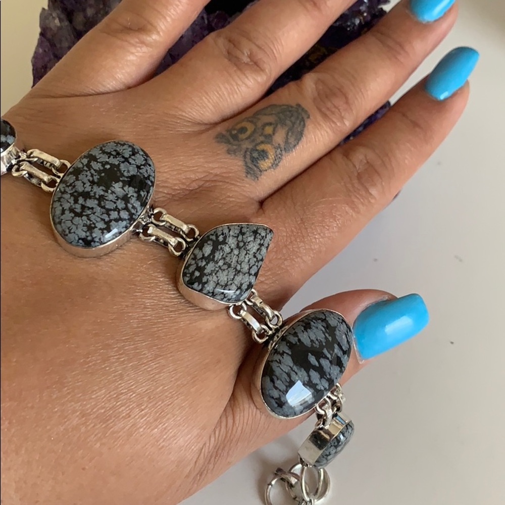 Handmade bracelet jewelry “healing stone Snow flake obsidian 925. Silver India